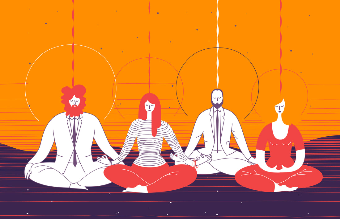 Four office workers sitting down together doing mindfulness meditation