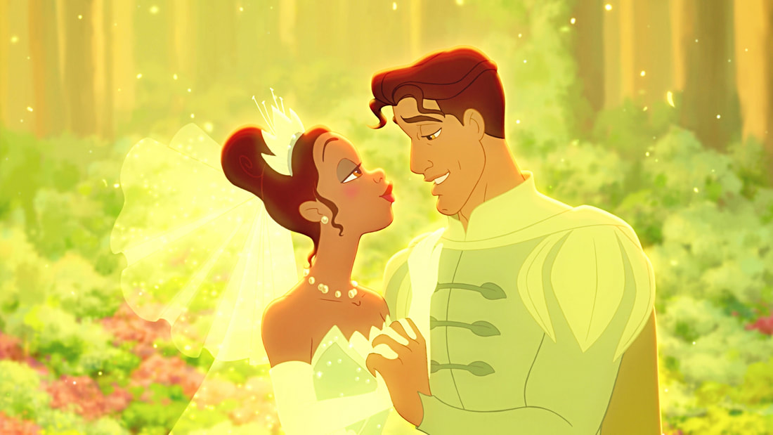 Princess Tiana and Prince Naveen gazing at each other with love