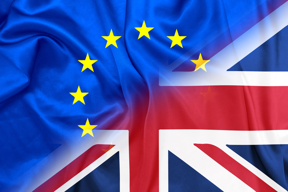 EU and British flag merged to illustrate Brexit EU referendum